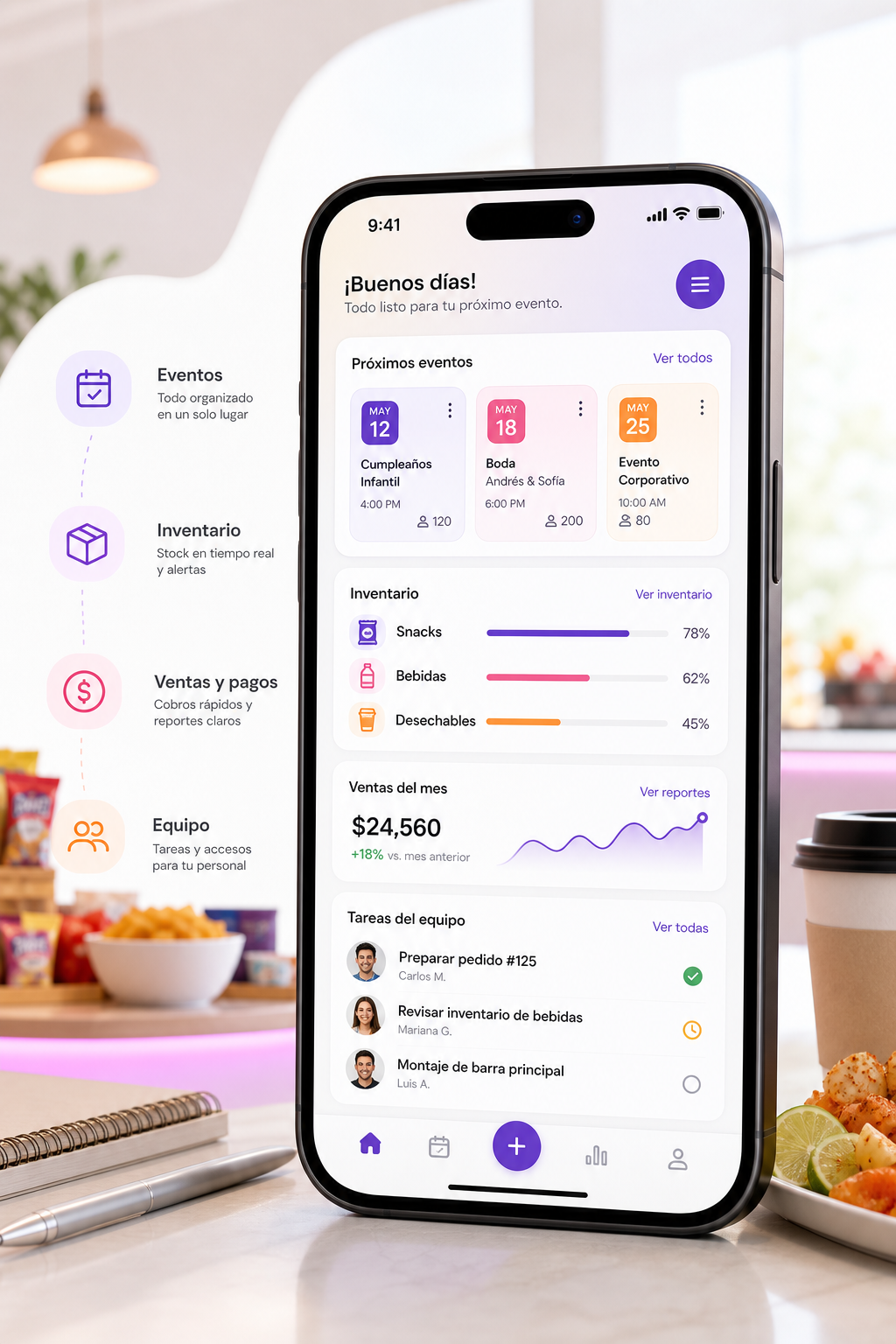 Vista movil de SnackBars App con eventos, inventario, pagos y tareas